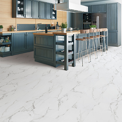 white tile flooring in kitchen area