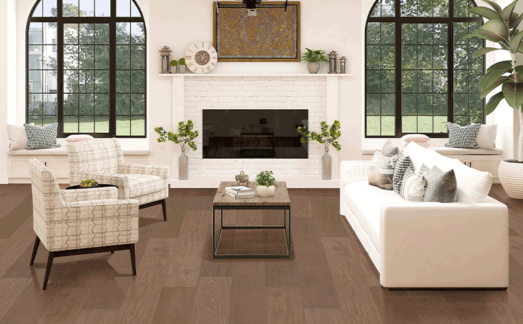 wide-plank hardwood flooring in modern farmhouse inspired living room